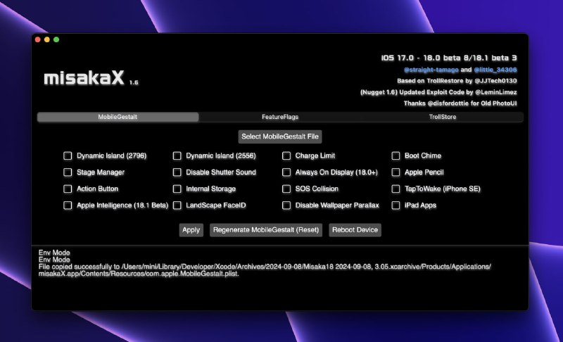 🗣misakaX：iOS/iPadOS 系统定制增强工具，开启 Apple Intelligence、动态岛、充电限制、台前调度、快门声音、AOD、旧照片用户界面、横向 FaceID 等功能工具简介：misakaX 是一个高级的 iOS/iPadOS 系统定制工具，它利用系统漏洞实现无需越狱的系统修改和设置，支持 iOS 16 至 18.2 beta 2 版本